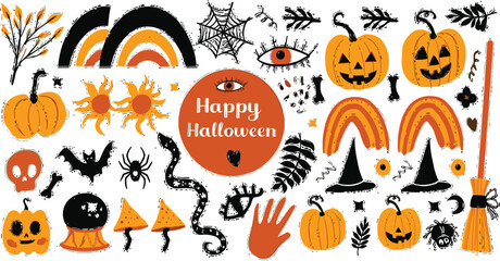 Happy halloween Boho abstract set. Bohemian mystical magic collection clip art hand drawing style. creative contemporary aesthetic doodle elements .