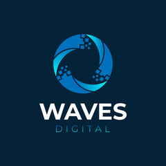 Modern gradient blue vector logo design featuring circular wave and pixel abstract shape, symbolizing digital, technology, innovation, software, data, and professional branding identity.