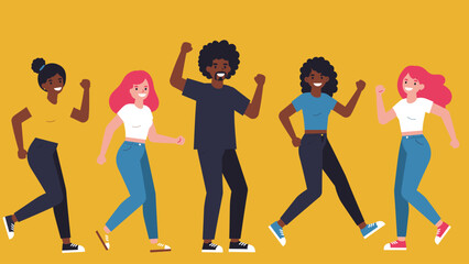 Joyful Diverse Group Dancing. Energetic Friends Celebrating. Flat Vector Illustration.