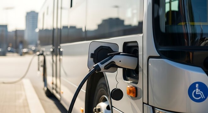 Electric bus charging at a station in the city, promoting sustainable transport