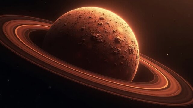 Rusty, rocky planet with surface texture, surrounded