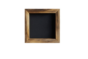 Empty rustic wooden frame with dark blackboard center isolated on black background