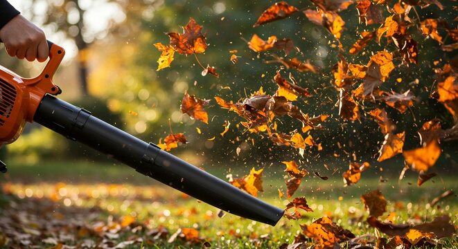 A person using a leaf blower to clear colorful fallen autumn leaves from a grassy lawn.