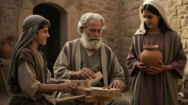 Saint Joseph teaching carpentry to young Jesus Christ in biblical times. Historic bible scene of father and son.	