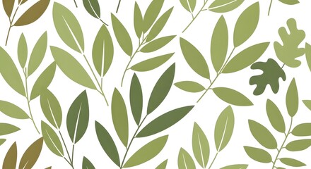 Green Leaf Pattern with Various Foliage on White Background for Natural Botanical Design