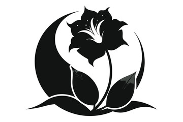 Floral Silhouette Design with Crescent Moon and Leaves on White Background © Dipta