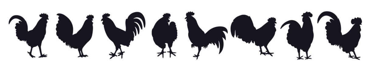 black rooster silhouette vector illustration set isolated