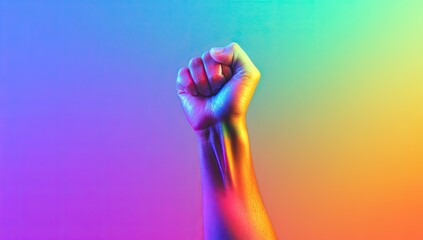 Photo of a raised fist with rainbow colors on it, symbolizing pride and empowerment against a gradient background