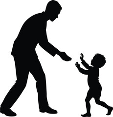 Silhouette of father reaching for toddler son with outstretched arms on white background