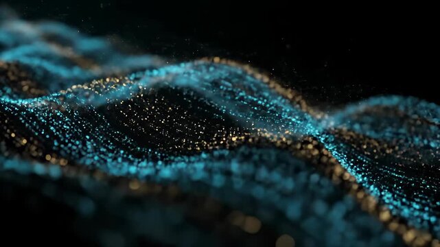 Futuristic abstract background of elegant, flowing streams of glittering blue and gold dust particles in dynamic motion