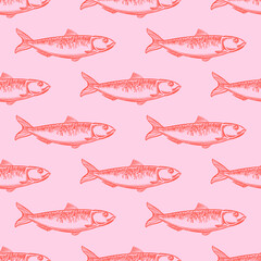 Red sardine seamless pattern. Vector hand drawn sketch illustration. Seafood doodle pink background. Marine print design