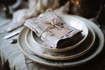 Rustic place setting with linen napkins and twine-tied card
