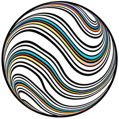 Minimilist abstract sphere with black and white wavy lines and colorful accents creating a dynamic optical illusion vector
