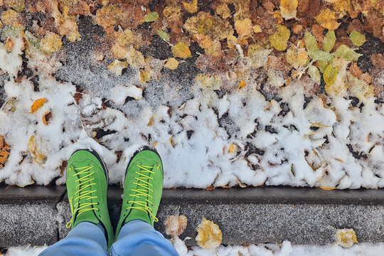 autumn fallen leaves frozen in ice, seasonal background, texture of autumn and early winter - Powered by Adobe