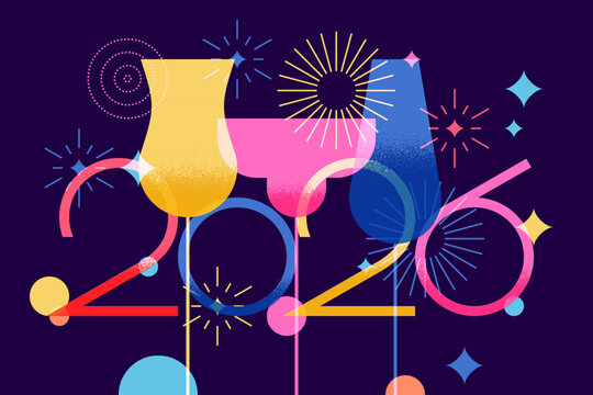 2026 New Year night party banner with cocktails, champagne, fireworks. Vector design for cocktail menu, bar event poster