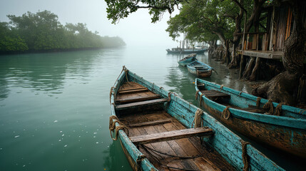 Obraz premium Long lens compression flotilla moored along mangrove shoreline