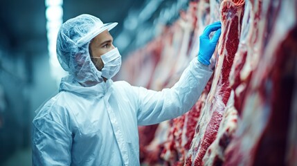 Meat Processing Plant Worker in Protective Gear Inspecting Beef Carcasses