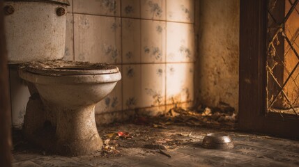 Abandoned Toilet in a Decaying Bathroom Dirt Floor Old Tiles Rustic Setting
