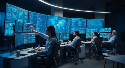 Team of Analysts Working on a Real-Time Data Visualization Project in a Modern Security Operation Center