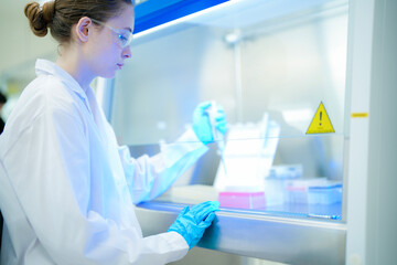A scientist carefully uses a micropipette to transfer a liquid sample inside a biosafety cabinet. A lab technician conducts a genetic or biological experiment in a modern research facility.