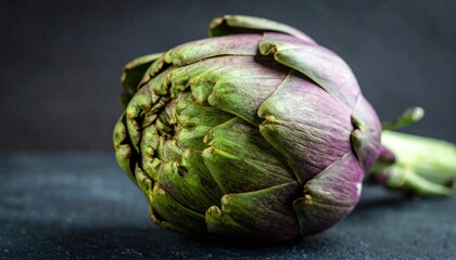 Obraz premium A single artichoke with green and purple hues rests against a dark backdrop—evoking natural complexity, layered resilience, and botanical elegance. A quiet study in texture, form, and mystery.