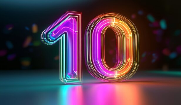 Neon lights create a stunning visual of the number 10 against a shadowy backdrop.