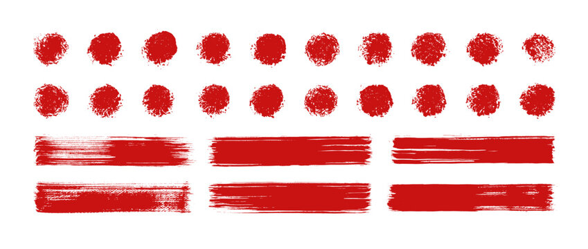 Straight red ink vector lines pack. Bloody color long and round hand-drawn brushstroke text highlights, frames, circles. Asian calligraphy brushstroke set. Rough grunge abstract blood color scribbles
