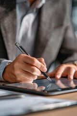 Close-up of hands signing on a tablet