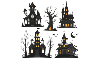 Spooky Halloween Witch, Haunted Houses, Pumpkins, Ghosts, and Bats Illustrations
