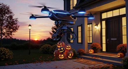 Futuristic drone delivering pumpkins to house, creative Halloween delivery concept