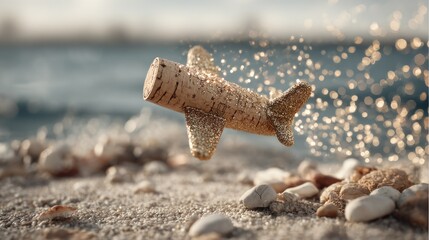 Cork plane floats on beach, glittering