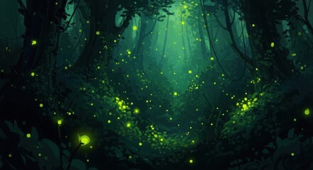 Mysterious enchanted forest scene with glowing fireflies and sunbeams deep woods ambiance