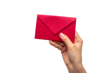 Woman's hand holding a red envelope isolated on a transparent background letter