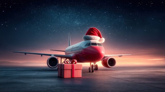An airplane wearing a Santa hat sits on the tarmac next to a wrapped gift, with a starry night sky in the background, perfect for holiday travel.