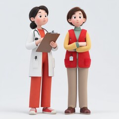 Two animated characters stand next to each other: one in a doctors coat with a clipboard, the other in a red vest with a neat outfit. They appear engaged in conversation.