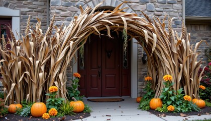 a halloween entry arch crafted from dried cornstalks, with wilted marigolds tucked in, eerie green mist creeping at the base, spooky and harvest inspired at the same time.