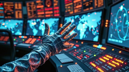 Cybernetic hand navigates futuristic control room with digital interfaces