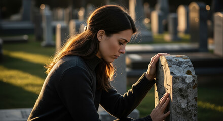 Woman at grave, grieving for lost loved one, resting hands on the headstone in a cemetery. Woman at grave during twilight, finding solace in quiet reflection in graveyard,