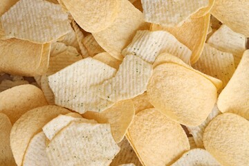Homemade Flavored Paprika Potato Chips in a Bowl, top view. Flat lay