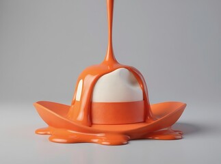 Orange paint pouring over a white object in a studio setting