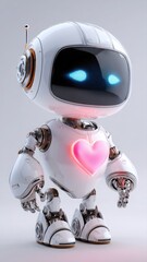 Joyful 3D robot with glowing heart shines in a clean minimal sty