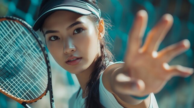 Female asian young tennis player reaching with racket on court