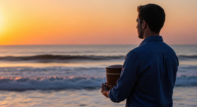 Man with urn stands at ocean at sunset. Funeral by sea with man holding urn containing cremated ashes, waves lap gently at shore. Solemn funeral and memorial service at beach for loved one.
