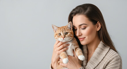 Embracing affection with orange tabby. Affection is shared between young woman in cozy sweater and her pet, ginger tabby cat. Enjoying affection and companionship makes life more beautiful,