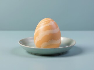 Marbled easter egg on a plate against a blue background