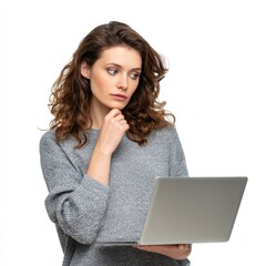 Fototapeta premium A woman with wavy hair contemplates while interacting with her laptop. She appears focused and engaged, dressed in a cozy sweater. Soft lighting highlights her expression and surroundings.