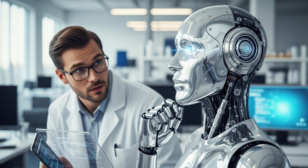 Engineer thinking about ai in laboratory environment, analyzing data on tablet. AI analysis of modern technology, developing new solutions and creating innovative products.