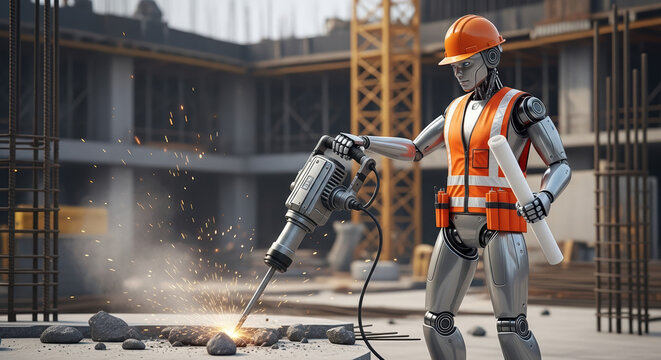 Construction site features robotic worker wearing safety gear and holding blueprints. Construction site with innovative robotics for better productivity.