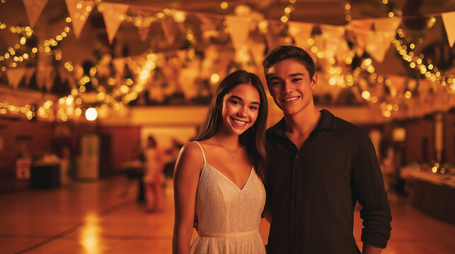 Homecoming. Young couple smiling at dance event with festive decorations   - Powered by Adobe