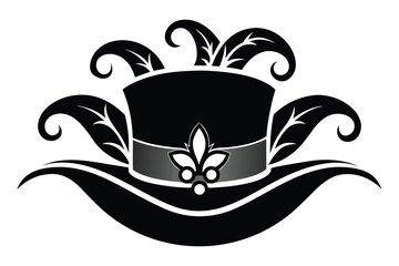 Black Top Hat with Feathers and Emblem, Vintage Style on White Background